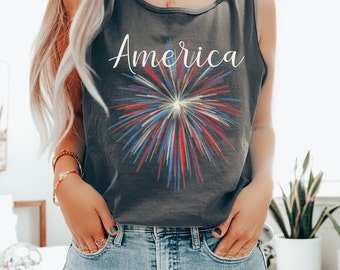 Comfort Colors July 4th, July 4th Fireworks Tank Independence Day Tank Top America July 4th Tank Cute Womens 4th of July Tank Fireworks Tee