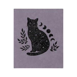 May include: A black cat with a starry pattern sits against a purple background. The cat has a crescent moon design above its head.