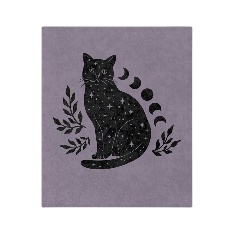 May include: A black cat with a starry pattern sits against a purple background. The cat has a crescent moon design above its head.