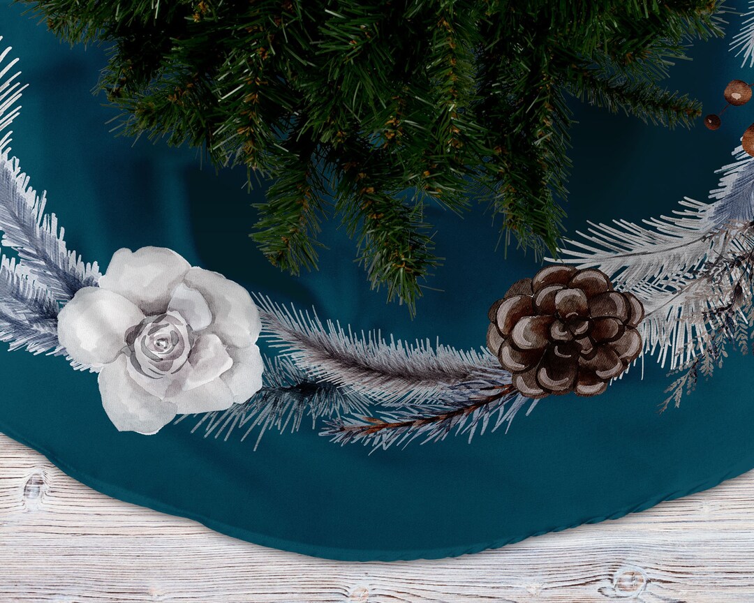 Blue Christmas Tree Skirt, Personalized Xmas Tree Skirt, Pine Cone