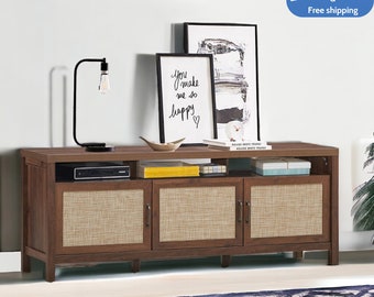 TV Stand Entertainment Media Center for TV's up to 65" with Rattan Doors Walnut