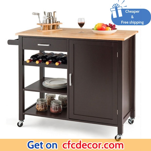 4-Tier Wooden Kitchen Island, Trolley Cart Rolling Storage Cabinet with Wine Rack