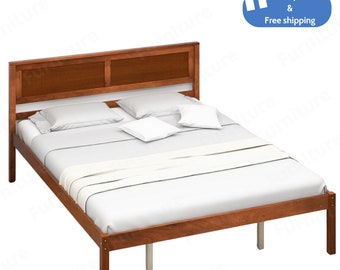 Bedframe Queen, houten platformbedframe met hoofdeinde matrasfundering Queen size walnoot, houten platformbed