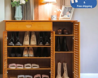 Aufbewahrungsregal für Stiefel, 3 Rollladentüren, 4-stufiger Schuhschrank mit Schublade, 39" braunes Bambusholz