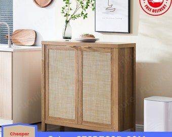 Sideboard Buffet Cabinet, Kitchen Storage Cabinet with Rattan Decorated Doors