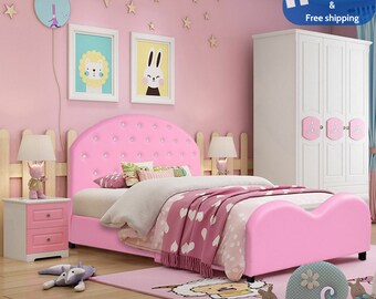 Kids Children PU ,Upholstered Platform Wooden, Princess Bed, Bedroom Furniture, Pink bed