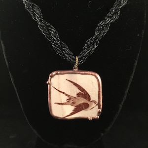 Black Beaded Necklace with Antique Chinawear Bird Pendant - #1163