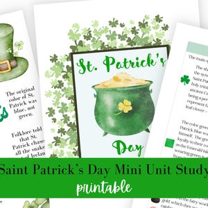 May include: Printable Saint Patrick's Day mini unit study with a green shamrock, pot of gold, and leprechaun hat. The text says "St. Patrick's Day" and "Saint Patrick's Day Mini Unit Study Printable".