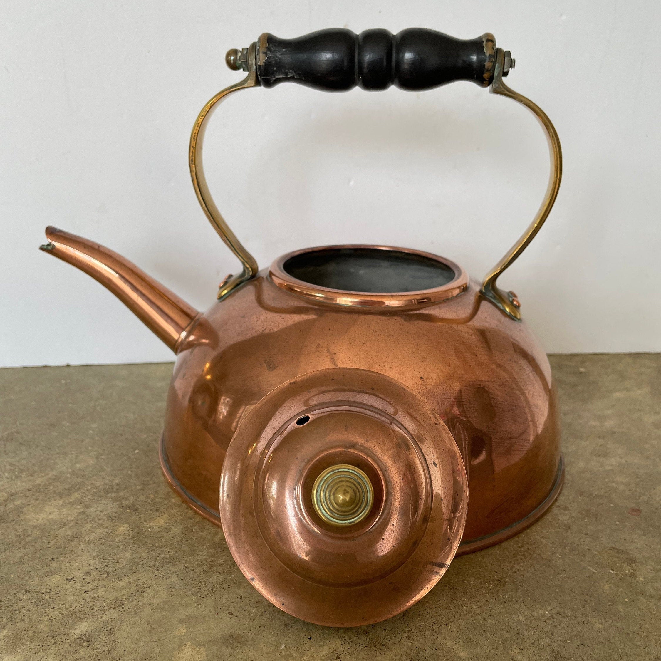 Vintage Copper & Brass Kettle with lid and wooden handle Etsy