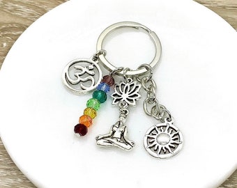 Chakra Keychain, Meditation Keyring, Rainbow Beads, Ohm Charm, Yoga Teacher Gift, Yogi Charm, Yoga Keychain, Buddha Gift