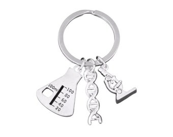 Chemistry Keychain, Chemist Gift, Student Gift, Microscope Charm, Science Teacher Gift, Lab Beaker Charm, Science Keychain