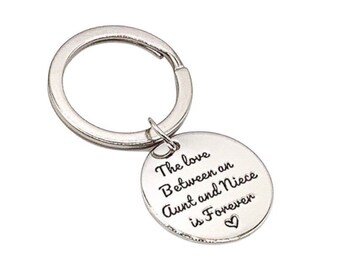 May include: Silver keychain with a round charm that says "The love between an Aunt and Niece is Forever" with a heart symbol.