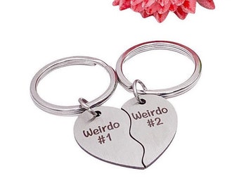 Weirdo Keychains, Split Hearts Keychains for 2, Matching Couple Set, Half Heart Keyrings, Funny Friendship Gift, Tweens BFF Gift