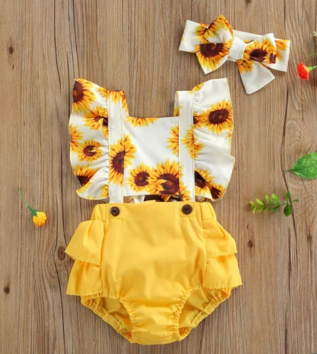Baby Girl Ruffle Sunflower Print Romper 2 Pcs Sunflower Romper Etsy