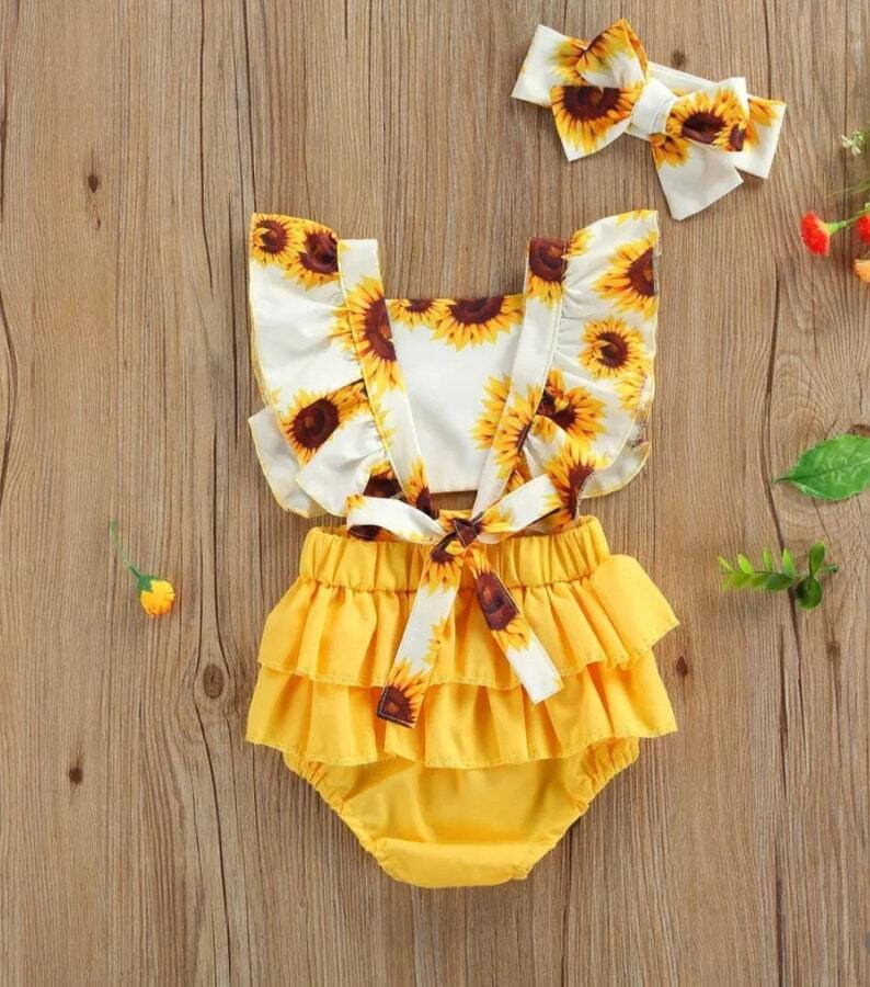 Baby Girl Ruffle Sunflower Print Romper 2 Pcs Sunflower Romper Etsy