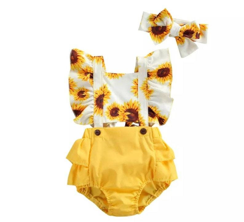 Baby Girl Ruffle Sunflower Print Romper 2 Pcs Sunflower Romper Etsy