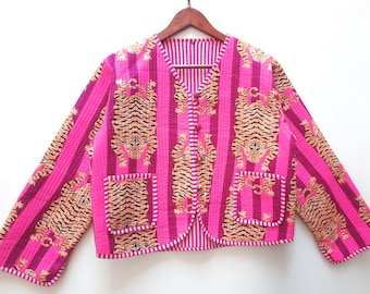 Handmade Tiger Print Quilted Jacket, New Style Boho Coat For Women Wear