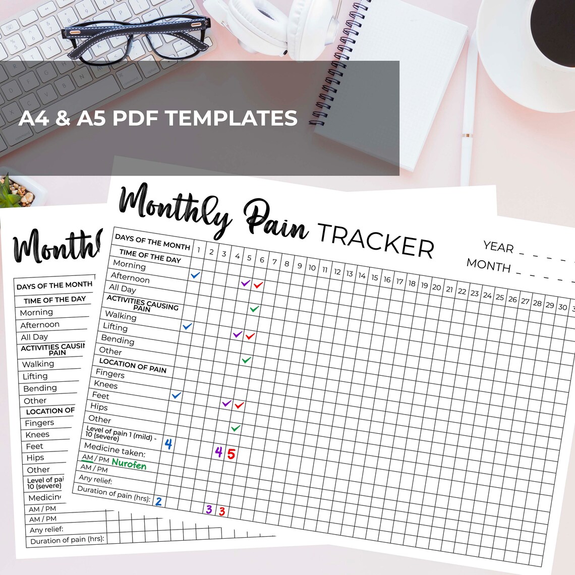 Printable Monthly Pain Tracker for Bullet Journal Track - Etsy UK