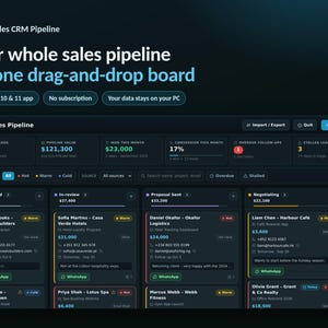Könnte beinhalten: Eine dunkel gestaltete Sales CRM Pipeline Software-Oberfläche auf einem Bildschirm. Das Dashboard zeigt ein Drag-and-Drop-Board mit Spalten für verschiedene Phasen wie New Lead, In-review, Proposal Sent und Negotiating sowie diverse Kennzahlen.