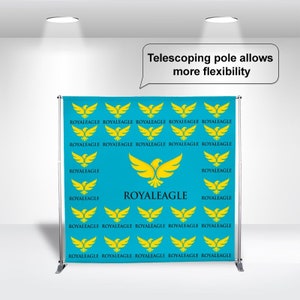 May include: A blue backdrop with a telescoping pole, featuring a repeating pattern of yellow eagle logos with the text "ROYALEAGLE" printed in black. The backdrop is designed for use at events or trade shows.