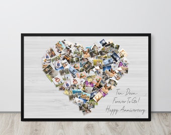 Framed Custom Heart Photo Collage - Personalised Message and Photos - 50 to 150 pictures / Unique Anniversary or Valentines Gift for Partner