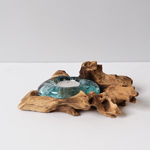 Vidrio soplado sobre madera, jarrón para velas, vidrio fundido, único, vidrio reciclado soplado a mano, decoración de oficina, decoración de habitación, regalo para mamá