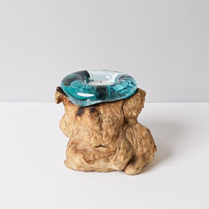 Blown Glass on Wood, Candle, Molten Glass, Hand Blown Recycled Glass, Unique, Office Decoration, Artwork, Living Room Decor, Birthday Gifts