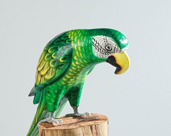 Green Yellow Macaw Parrot Statue, Painted Wood Carving, Bird Figurine, Teacher Gift, Gift for friend, Indoor Decor, Gift for Him