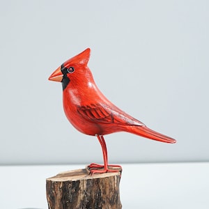 Red Bird Sculpture, Painted Wood Carving, Wooden Bird Art, Handcrafted, Decorative, Animal Statue, Artwork, Tropical Decor, Gift for Him