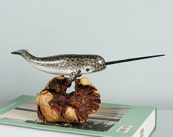 Wooden Narwhal Sculpture, Narwhale, Tusk, Arctic Animal, Art, Personalized Figurine, Beach Decor, Living Room Decor, Personalized Gifts