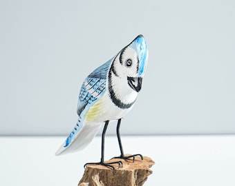 Blue jay Bird Statue, Painted Wood Carving, Wooden Bird Art, Handcrafted, Animal Figurine, Tropical Decor, Table Decor, Gift for Sister