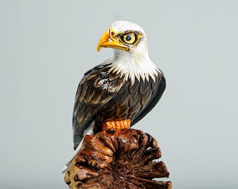 Handmade Bald Eagle Sculpture, Painted Statue, Wood Carving Figure, Bird, Freedom, Office Decor, Personalized, Unique Decor, Gift for Her