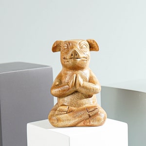 Meditating Pig Sculpture, Animal Figurine, Yoga, Parasite Wood Base, Artwork, Meditation Statue, Figurine, Office Decor, Best gifts for him