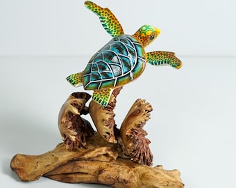 Turquoise Turtle Sculpture, Blue Sea Turtle, Wood Carving, Nautical, Artwork, Unique Animal, Hand-painted Figurine, Gift for Her