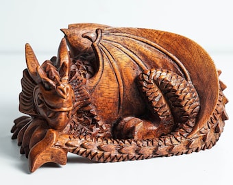 Sleeping Dragon Statue, Sculpture, Fantasy Animal, Wood Carving, Gift for Her, Memorial Gift, Christmas Decoration
