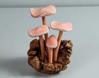 Pink Mushroom Sculpture, Cute Art, Mini, Small, Wooden Figurine, Wood Carving, Nursery Decoration, Decorative, Gift for Her, Gift for Mom