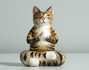 Yoga Meditation Cat Sculpture, Wooden Animal Statue, Wood Carving, Handcrafted, Unique Figurine, Room Decor, Gift for Her, Gift for Mom
