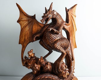 Large Dragon Statue, 17" Wooden Sculpture, Wing, Art, Mystical Animal, Handmade Dragon, Art, Family Decor, Office Decor, Memorial Gift