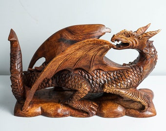 Dragon on Rock Figurine, Wooden Dragon, Mythology Animal, Ornament, Winged Dragon, Housewarming Decor, Home Decor, Gift for Brother