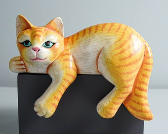 Sleeping Cat Sculpture, Yellow Cat, Wood Carving,  Colourfull Statue, Painted Figurine, Antique, Home Decor, Room Decor, Gift for Mom