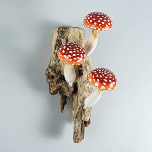 Red Hanging Mushroom Sculpture, Wall Art, Wood Carving, Wooden Statue, Handmade Figurine, Forest, Unique, Home Decor, Gift for daughter