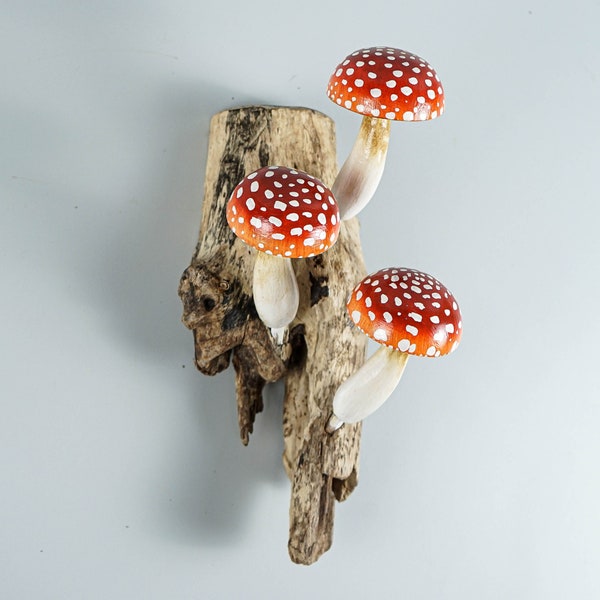 Red Hanging Mushroom Sculpture, Wall Art, Wood Carving, Wooden Statue, Handmade Figurine, Forest, Unique Gift, Home Decoration, Wife Gift
