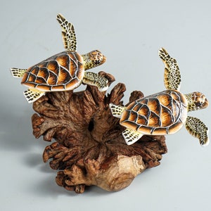 Couple Turtle Sculpture, Sea Turtle, Wood Carving, Ocean, Hand-painted Figurine, Office Desk Decor, Unique, Wedding Gifts, Birthday Gift image 1