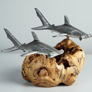 Grey Hammerhead Shark Duo Statue, Wooden Art, Painted, Woodland, Unique Sculpture, Ocean Decor, Handcrafted, Bedroom Decor, Couple Gifts