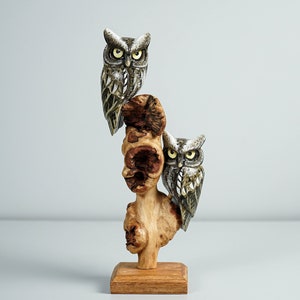 Couple Owl on a Tree Branch, Painted Figurine, Colorful Statue, Wooden Ornament, Personalized, Owl Sculpture, Bedroom Decor, Christmas Gift