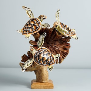 Trio Turtle Sculpture, Sea Turtle, Wood Carving, Ocean, Colorful, Handcrafted, Painted statue, Family Room Decor, Parents Gift, Christmas