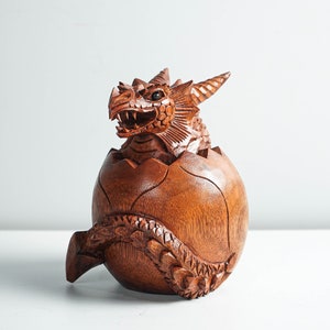 Newborn Dragon Sculpture, Baby Dragon, Egg, Mystical Animal, Wood Carving, Wooden Figurine, Bedroom Decor, Table Decor, Grandfather Gift
