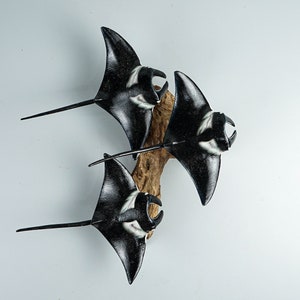 Black Manta Ray Trio Wall Statue, Hanging Sculpture, Handcrafted, Wooden Art, Artwork, Painted, Unique, Ocean Decor, Nautical, Grandma Gift