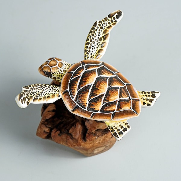 Brown Turtle Sculpture, Sea Turtle, Wood Carving, Ocean, Hand-painted Figurine, Office Desk Decor, Summer, Apartment Decor, Gift for Him