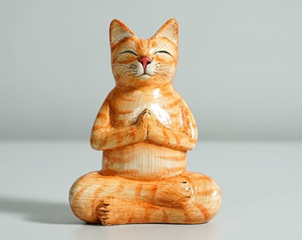 Yoga Meditation Cat Sculpture, Wooden Animal Statue, Wood Carving, Handcrafted, Unique Figurine, Room Decor, Gift for Her, Gift for Mom